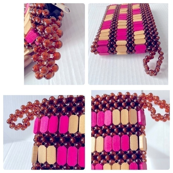 HANDMADE Wood & Bead African Inspired Wallet Brown Pink & Tan\Natural Unique - Picture 11 of 16